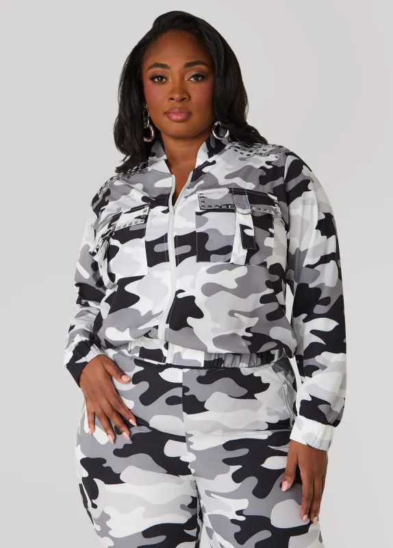 Studded Camo Print Jacket sold by Ashley Stewart