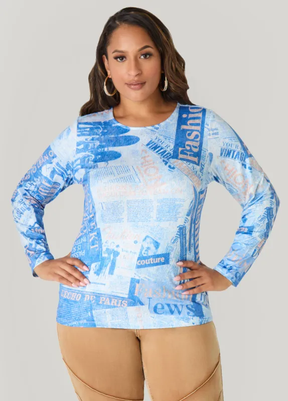 Denim And Newspaper Print Top sold by Ashley Stewart