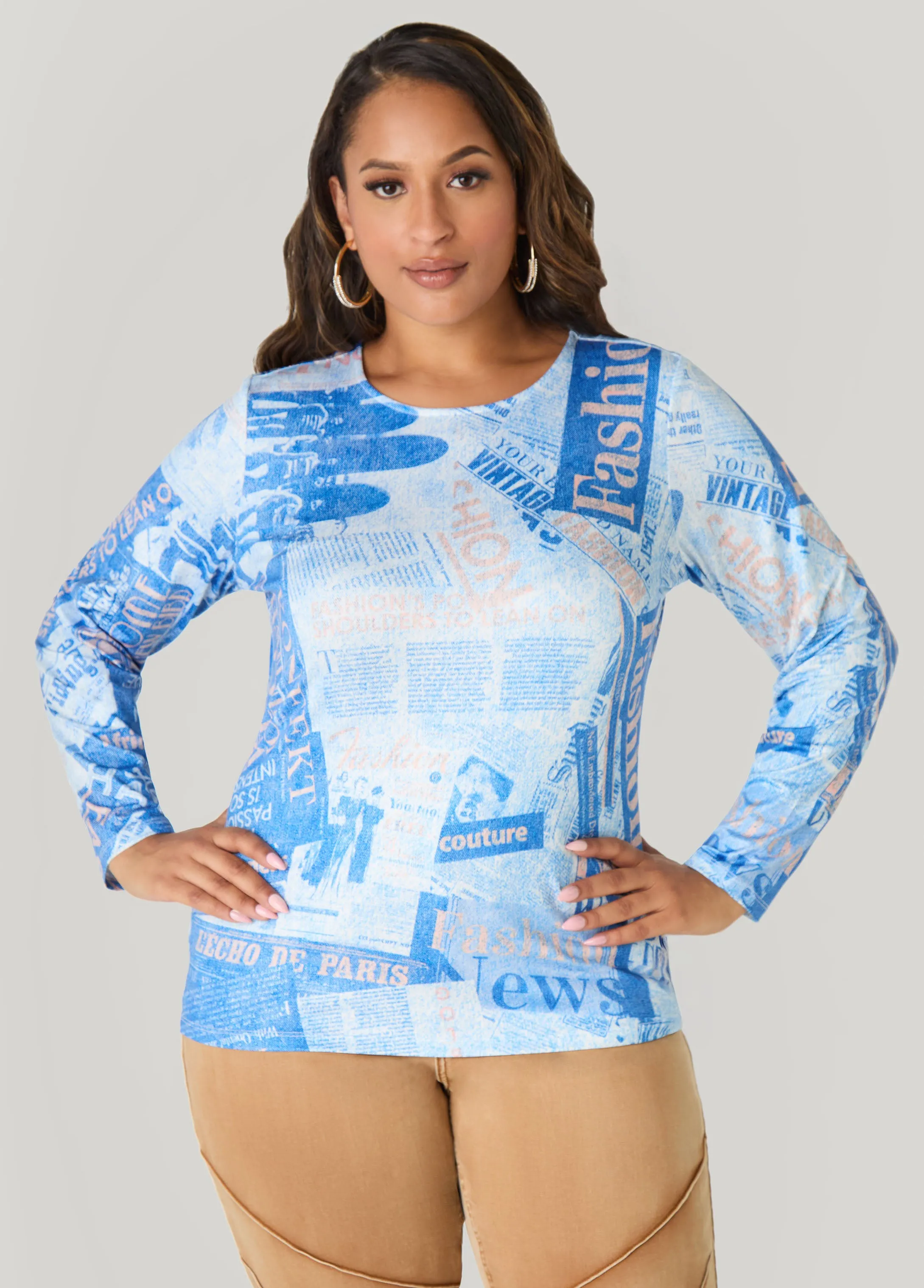 Denim And Newspaper Print Top sold by Ashley Stewart