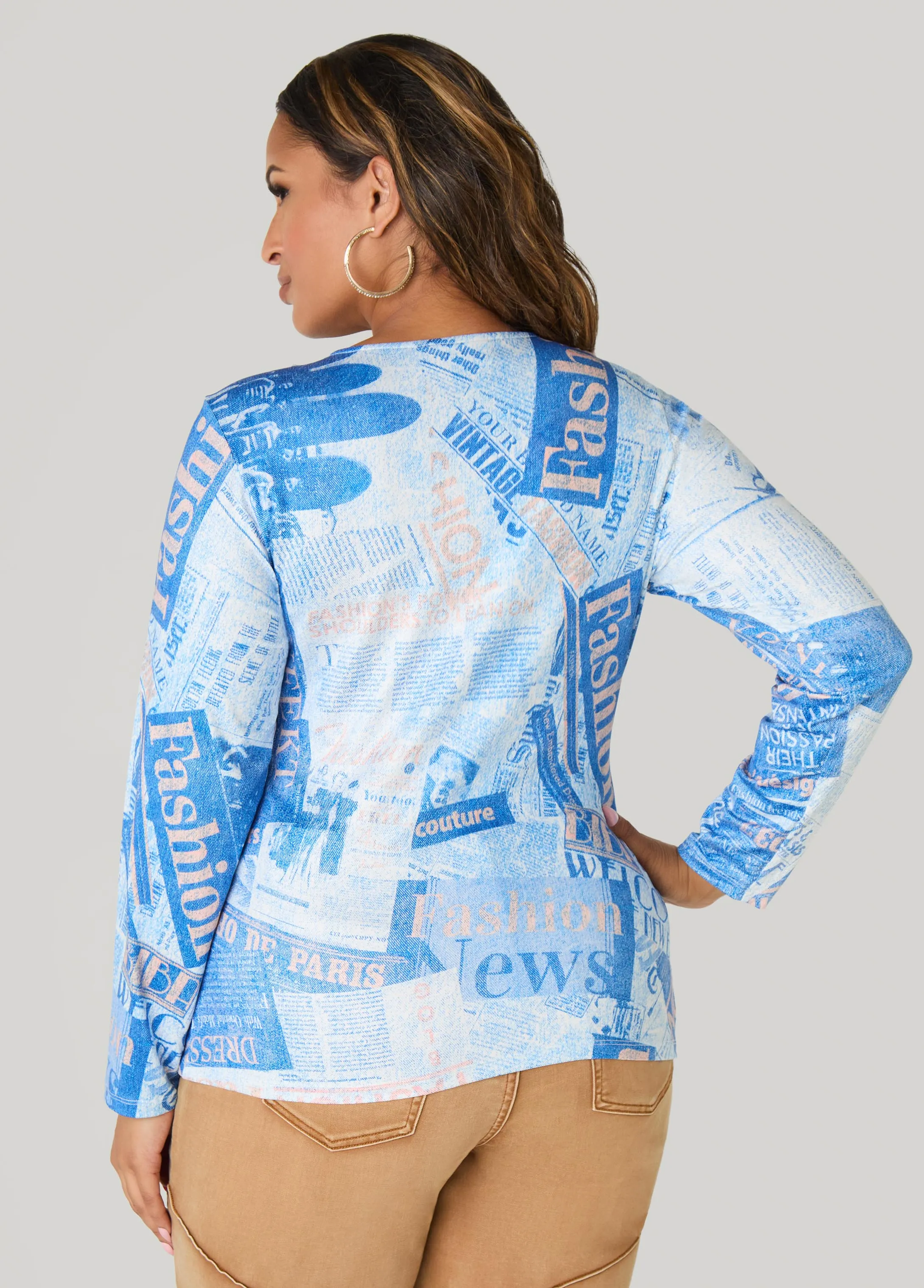 Denim And Newspaper Print Top sold by Ashley Stewart product image thumbnail 4