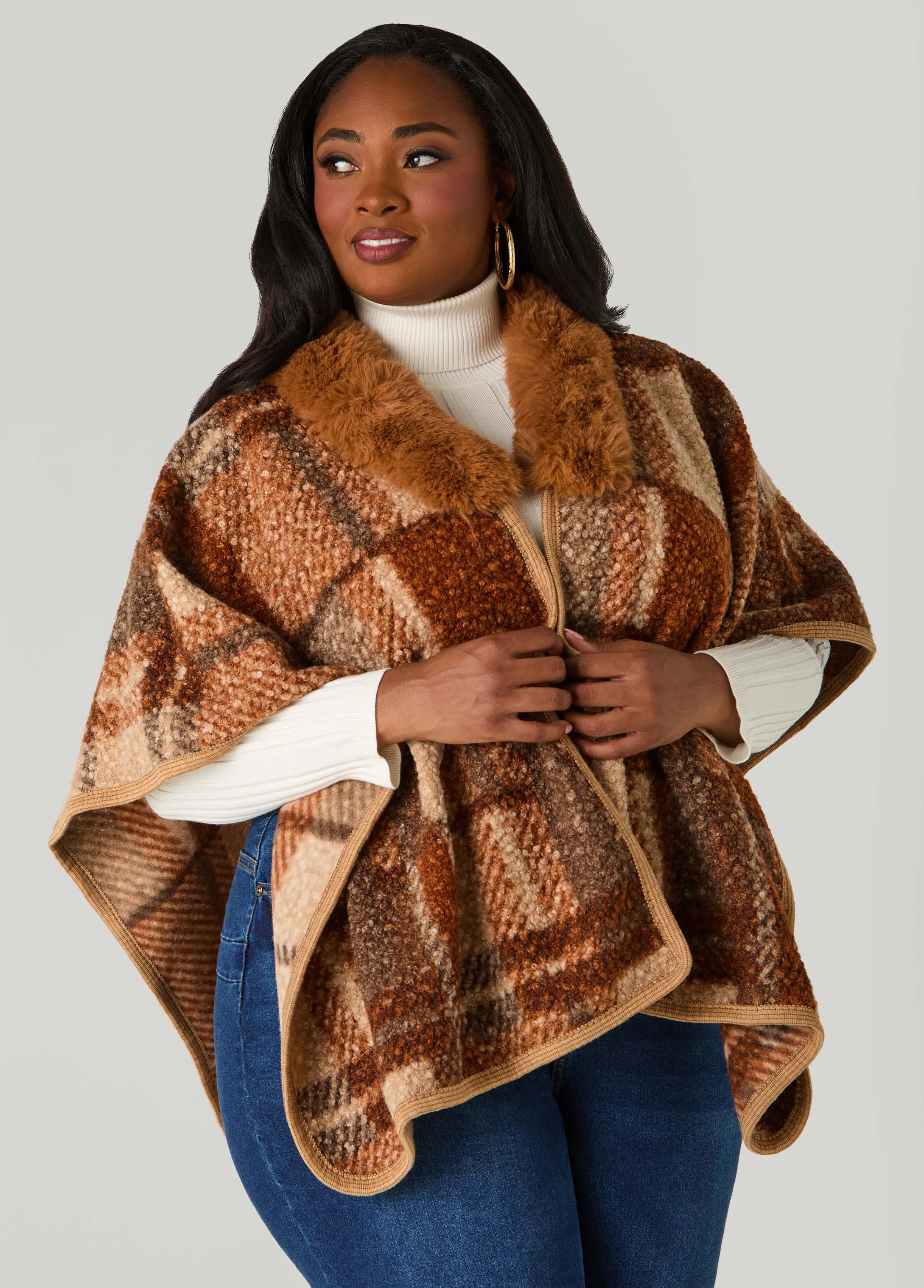 Faux Fur Trimmed Plaid Poncho sold by Ashley Stewart