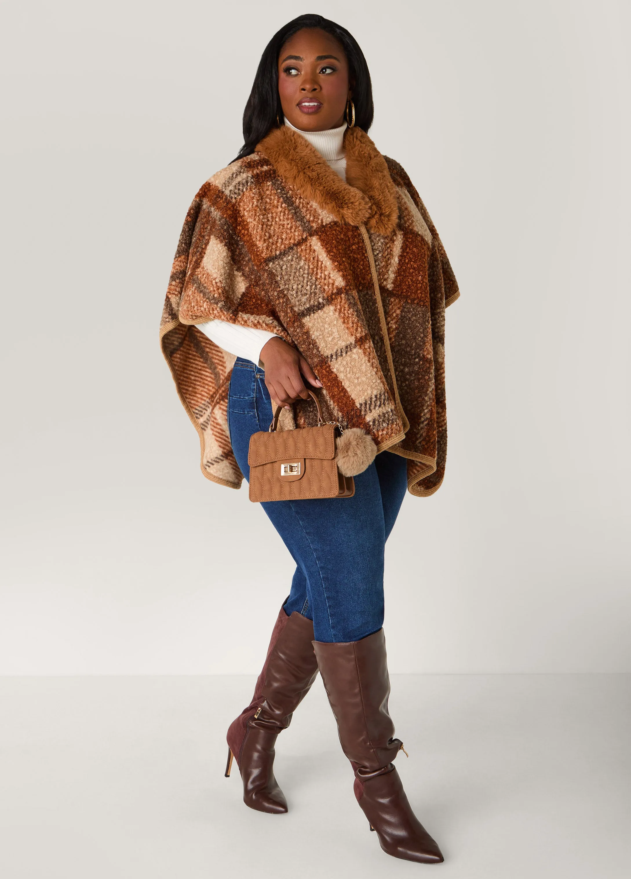 Faux Fur Trimmed Plaid Poncho sold by Ashley Stewart product image thumbnail 2