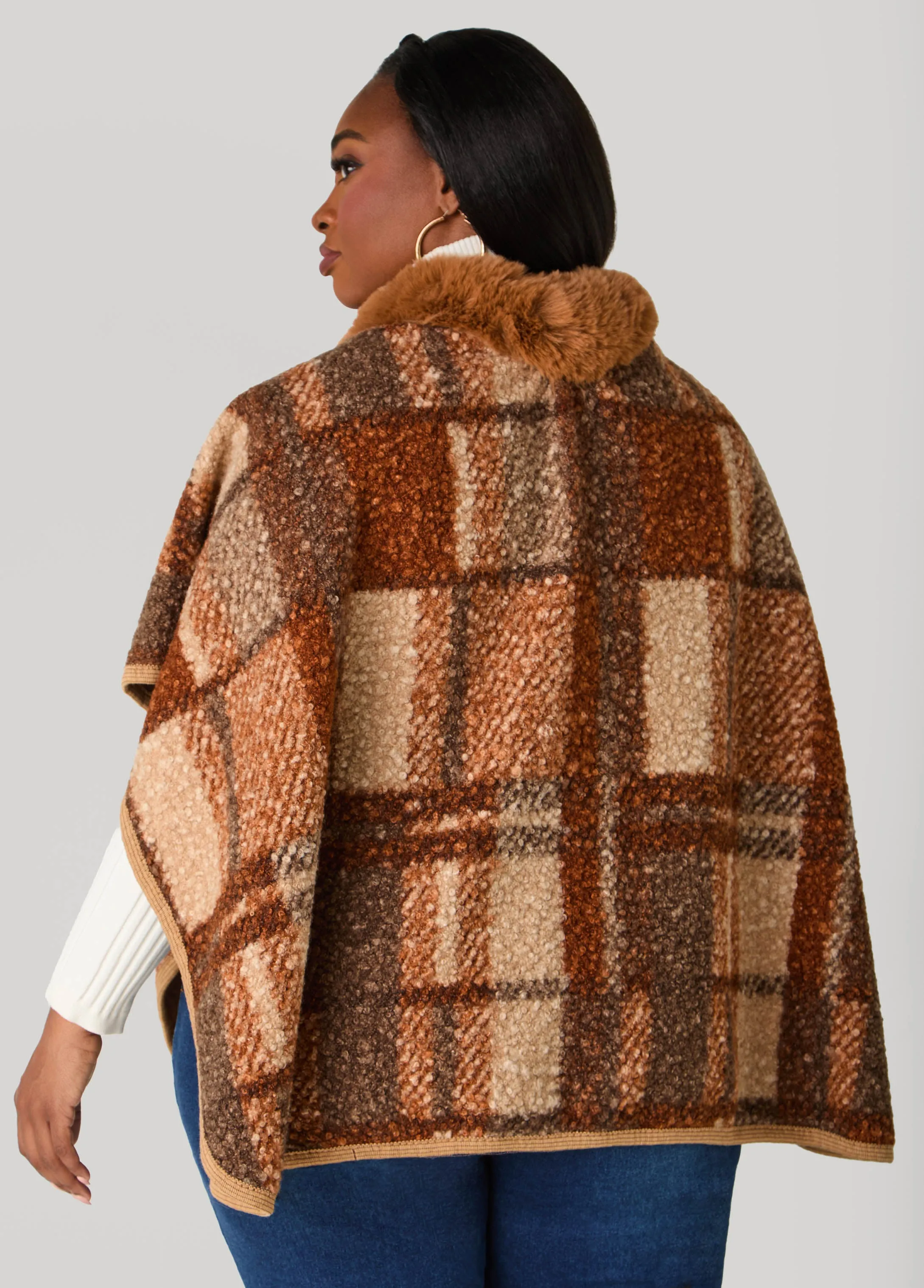 Faux Fur Trimmed Plaid Poncho sold by Ashley Stewart product image thumbnail 3