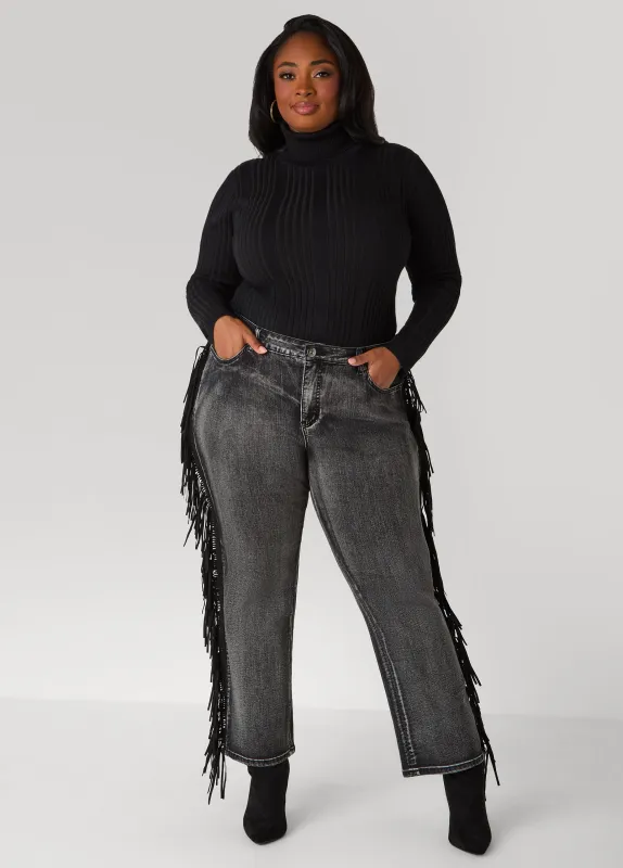 Faux Suede Fringed Bootcut Jeans sold by Ashley Stewart