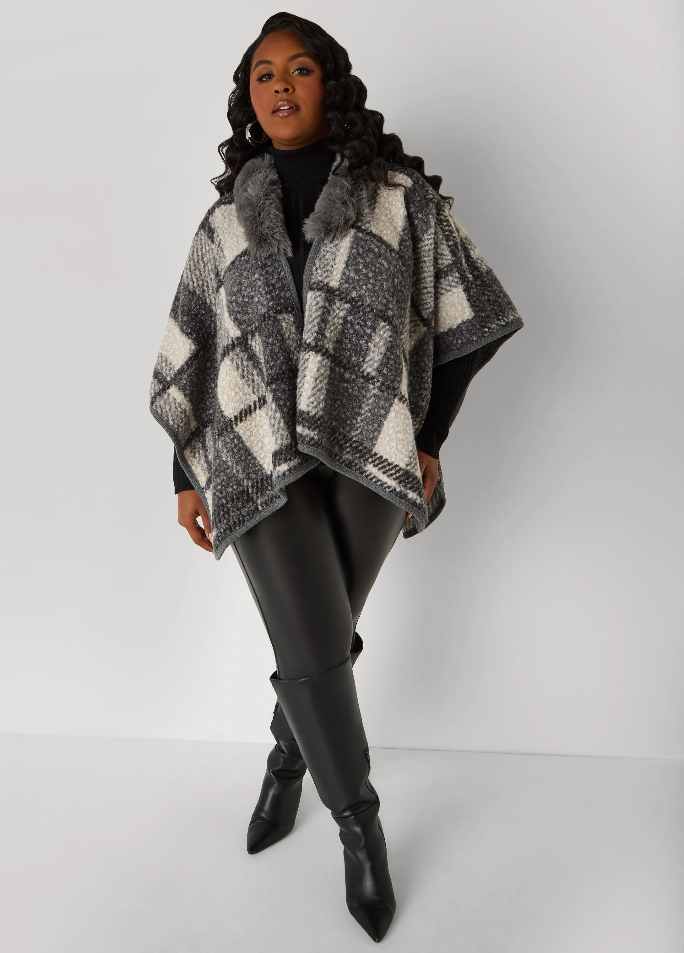 Faux Fur And Plaid Boucle Poncho sold by Ashley Stewart product image thumbnail 2