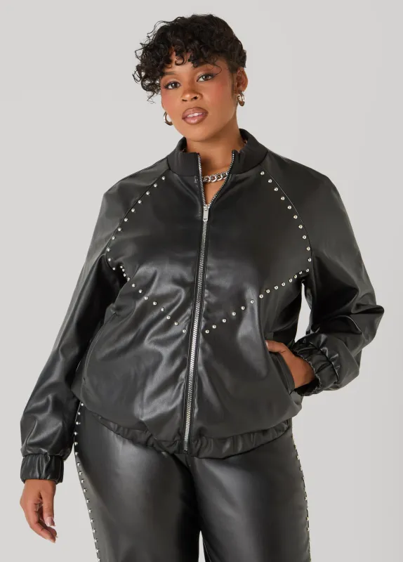 Studded Faux Leather Bomber Jacket sold by Ashley Stewart