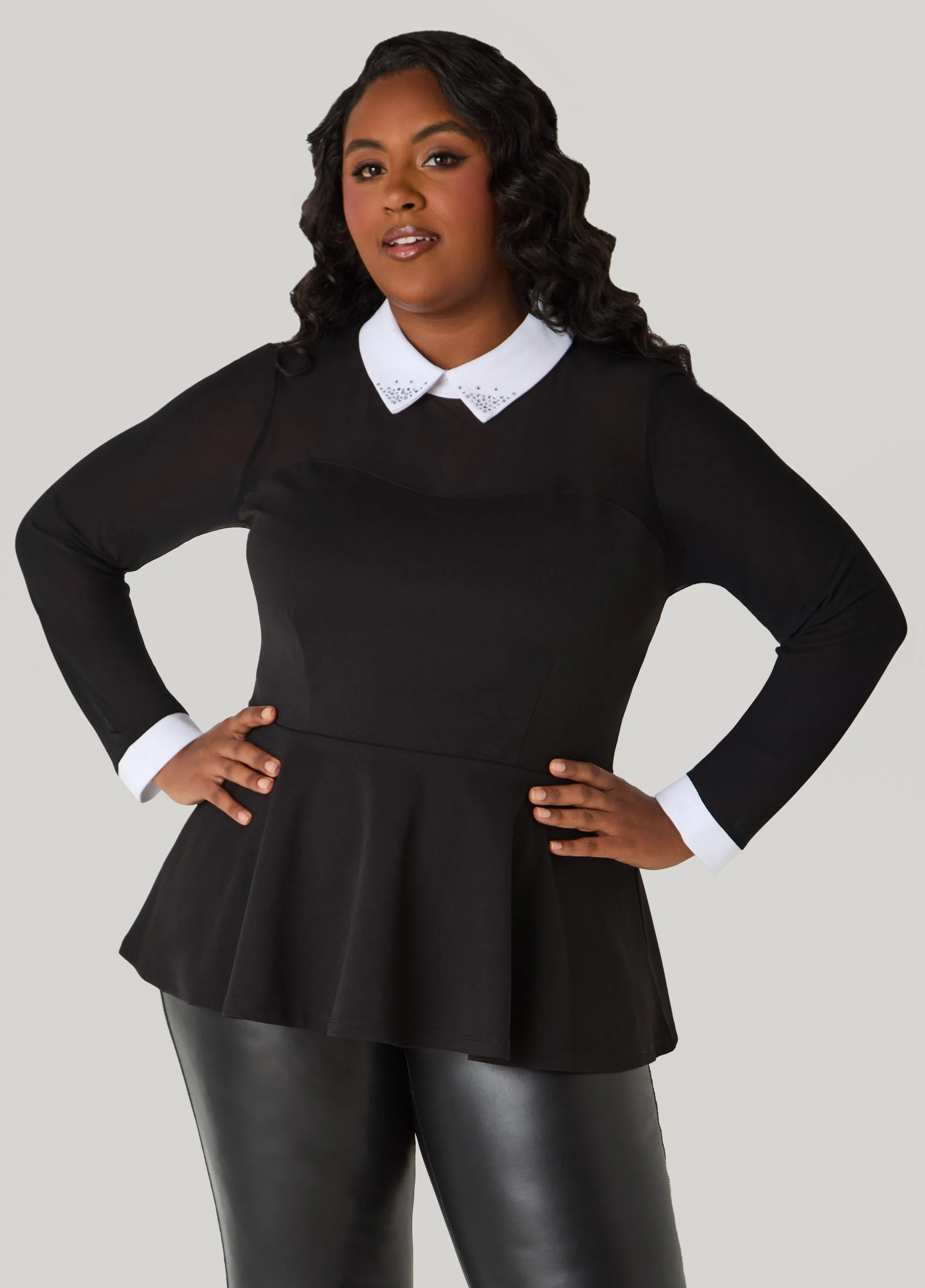 Mesh Paneled Peplum Top sold by Ashley Stewart