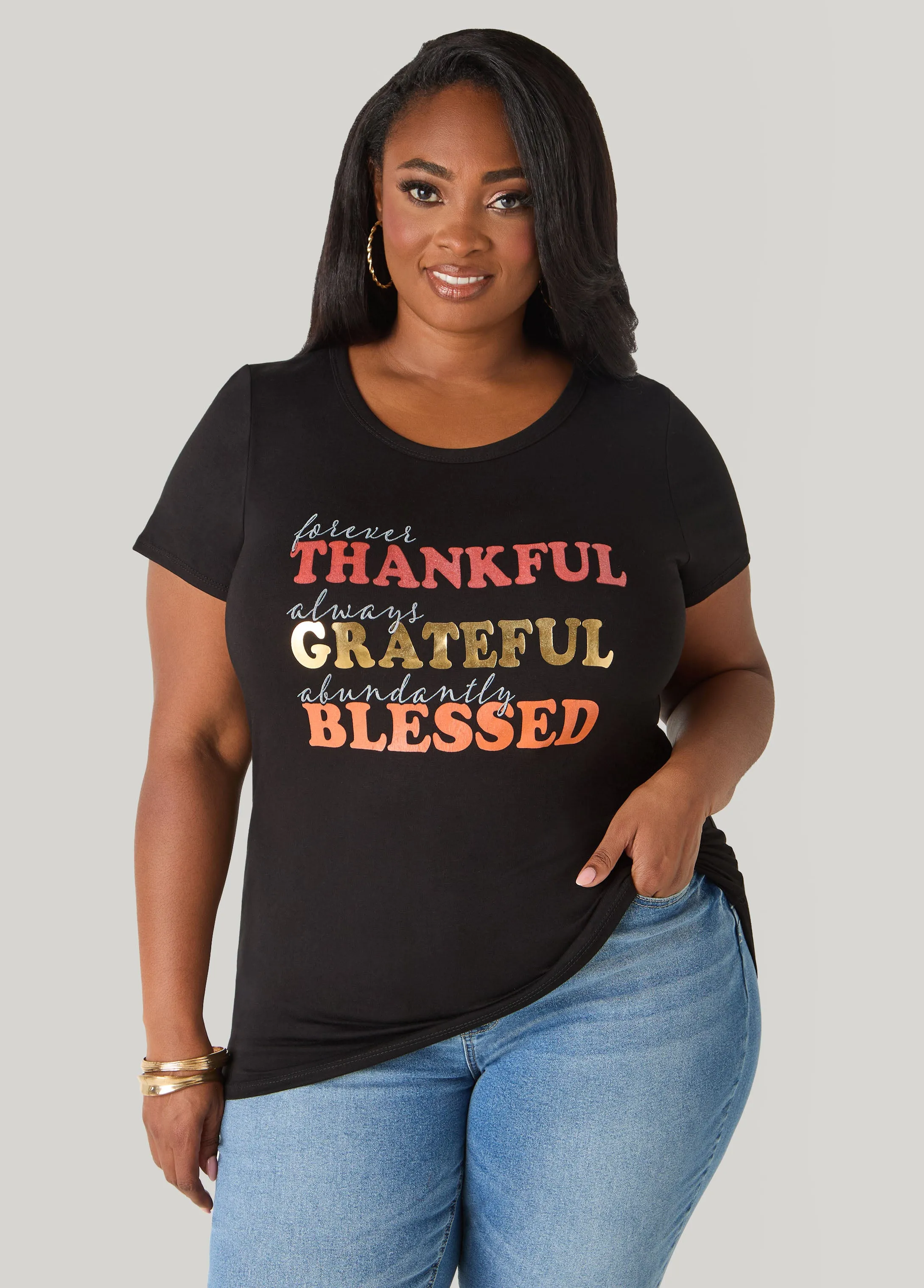 Thankful Metallic Graphic Tee sold by Ashley Stewart