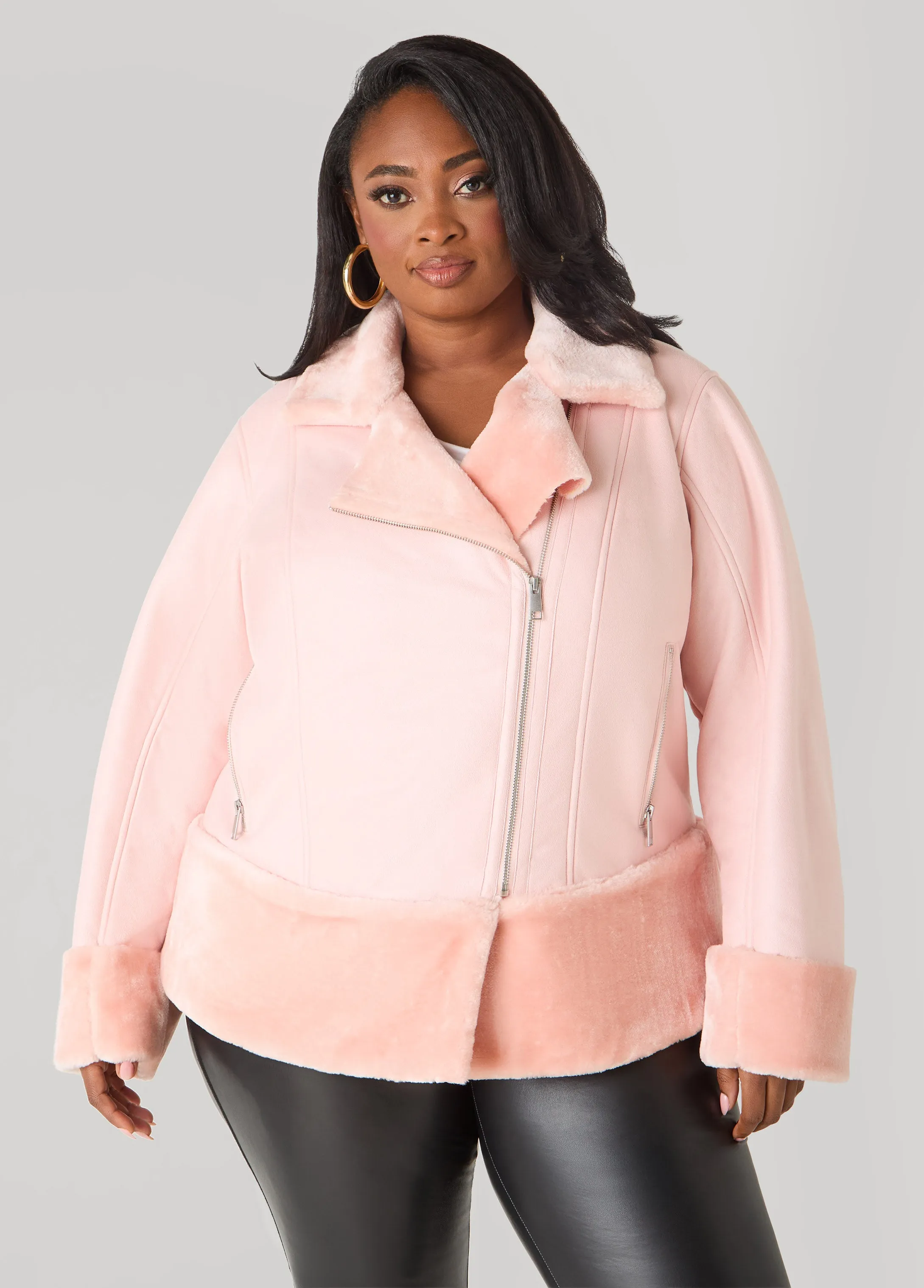 Cuffed Faux Shearling Moto Jacket sold by Ashley Stewart