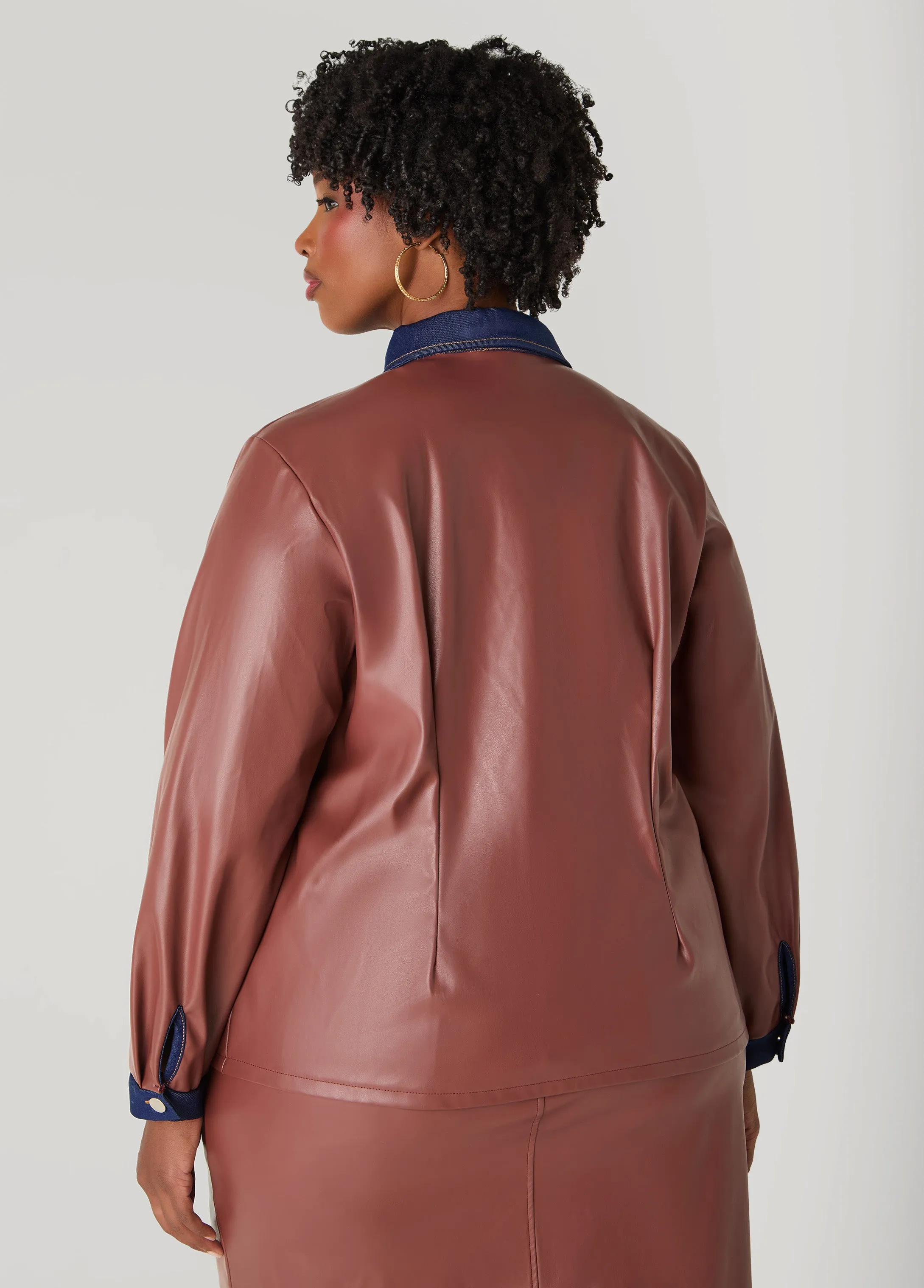 Denim Trimmed Faux Leather Shirt sold by Ashley Stewart product image thumbnail 4