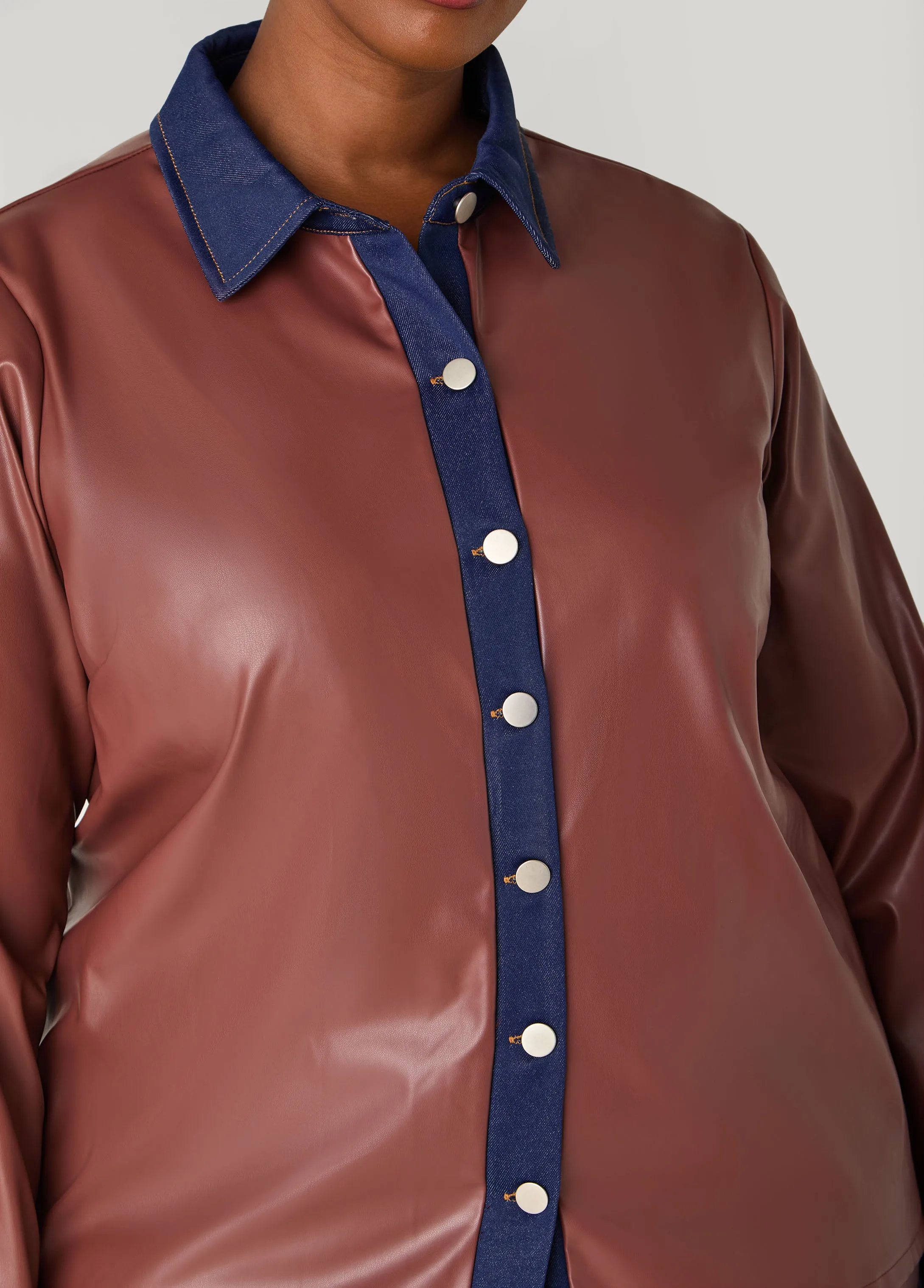 Denim Trimmed Faux Leather Shirt sold by Ashley Stewart product image thumbnail 3