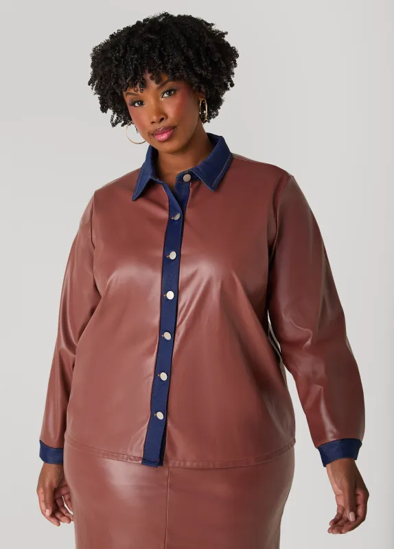 Denim Trimmed Faux Leather Shirt sold by Ashley Stewart