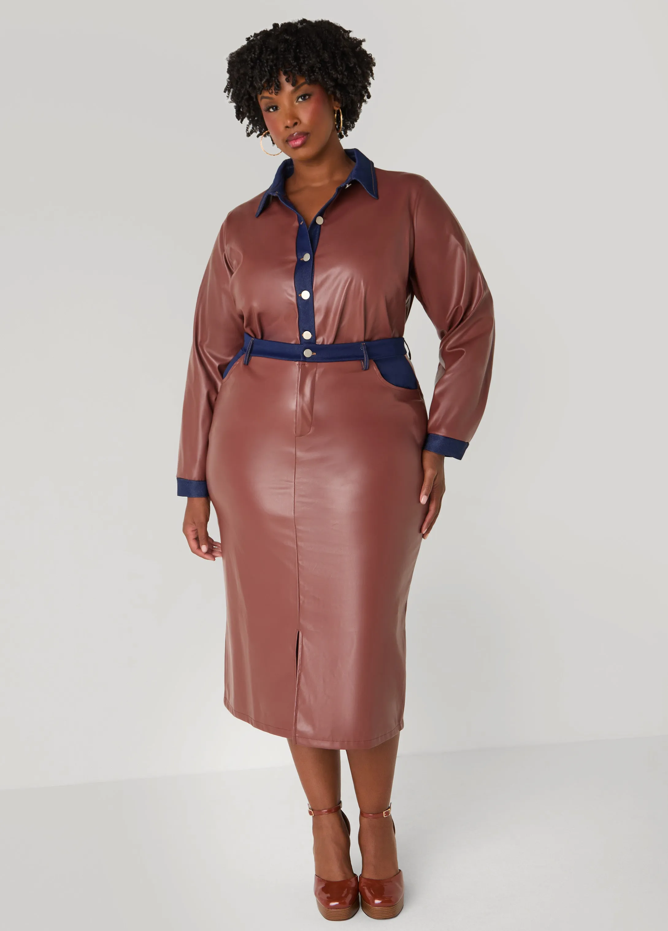 Denim Trimmed Faux Leather Shirt sold by Ashley Stewart product image thumbnail 2