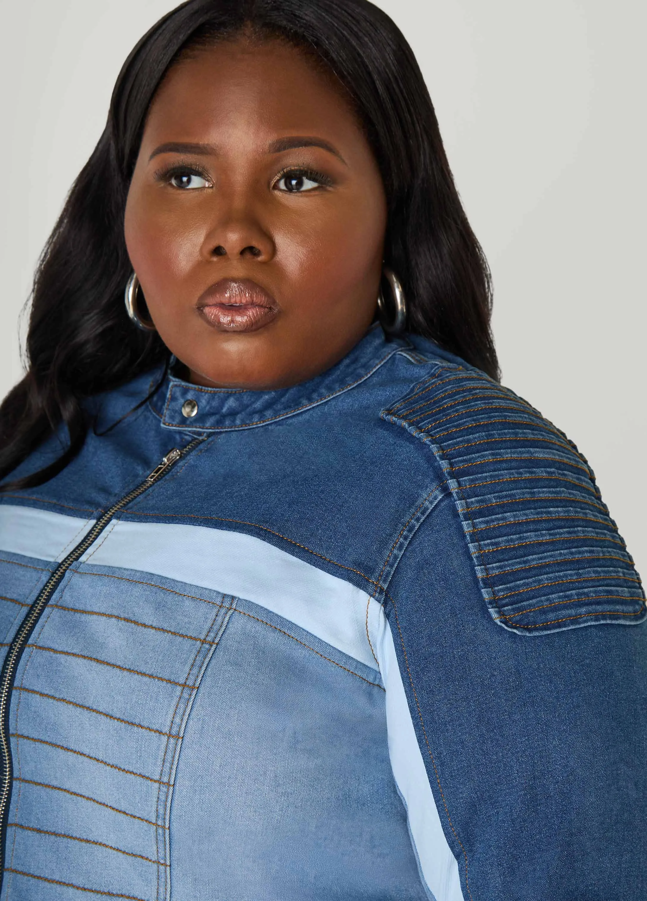 Colorblock Denim Moto Jacket sold by Ashley Stewart product image thumbnail 2