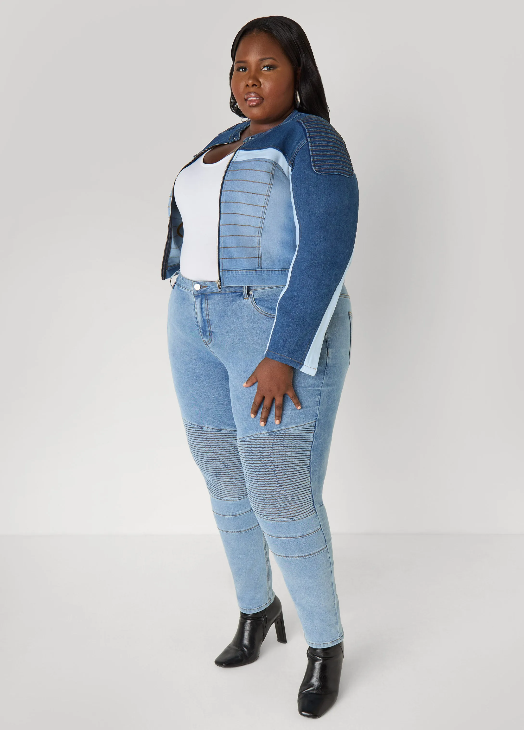 Colorblock Denim Moto Jacket sold by Ashley Stewart product image thumbnail 5