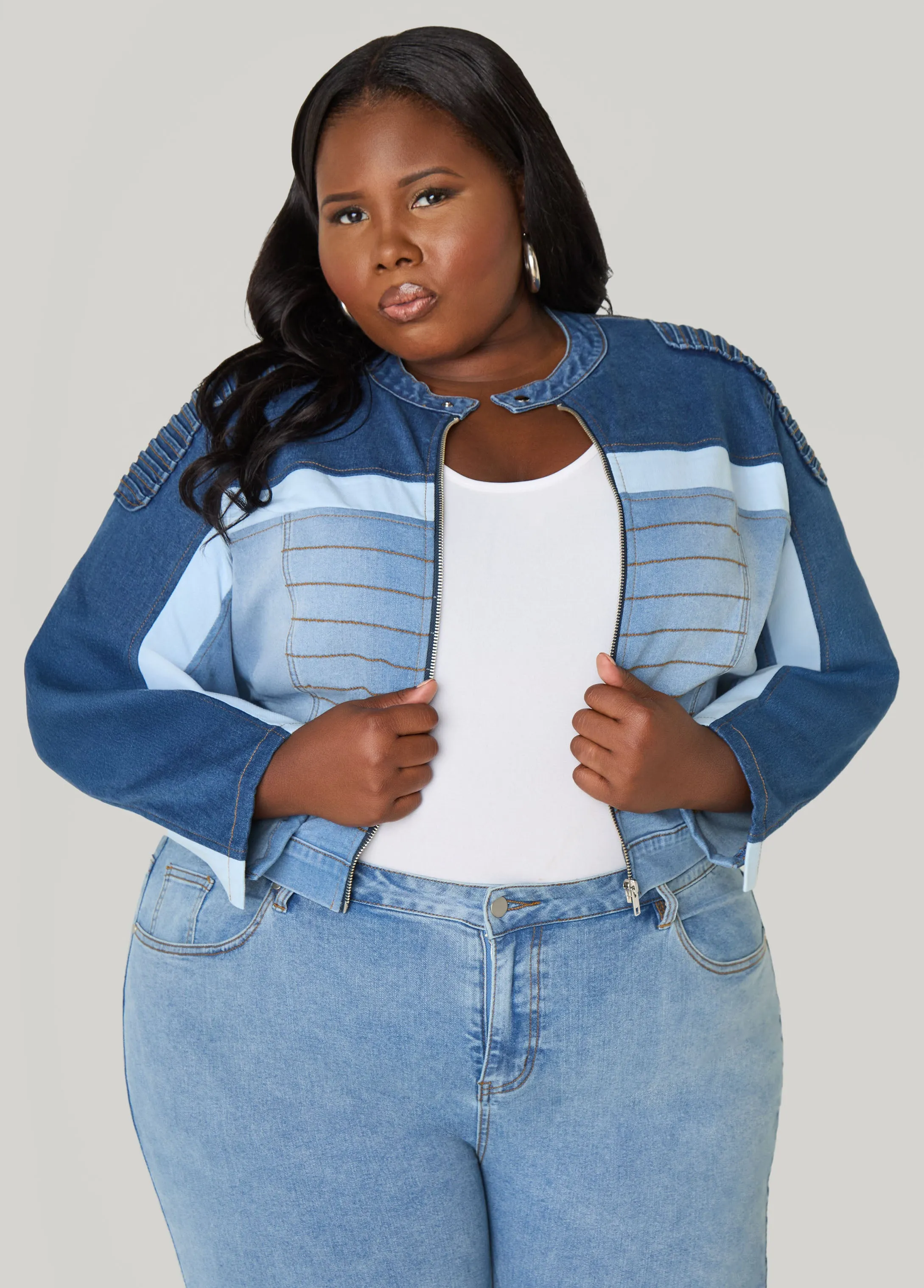 Colorblock Denim Moto Jacket sold by Ashley Stewart