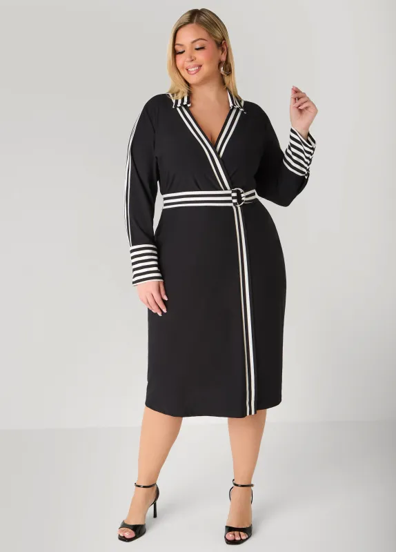 Stripe Trimmed Faux Wrap Dress sold by Ashley Stewart