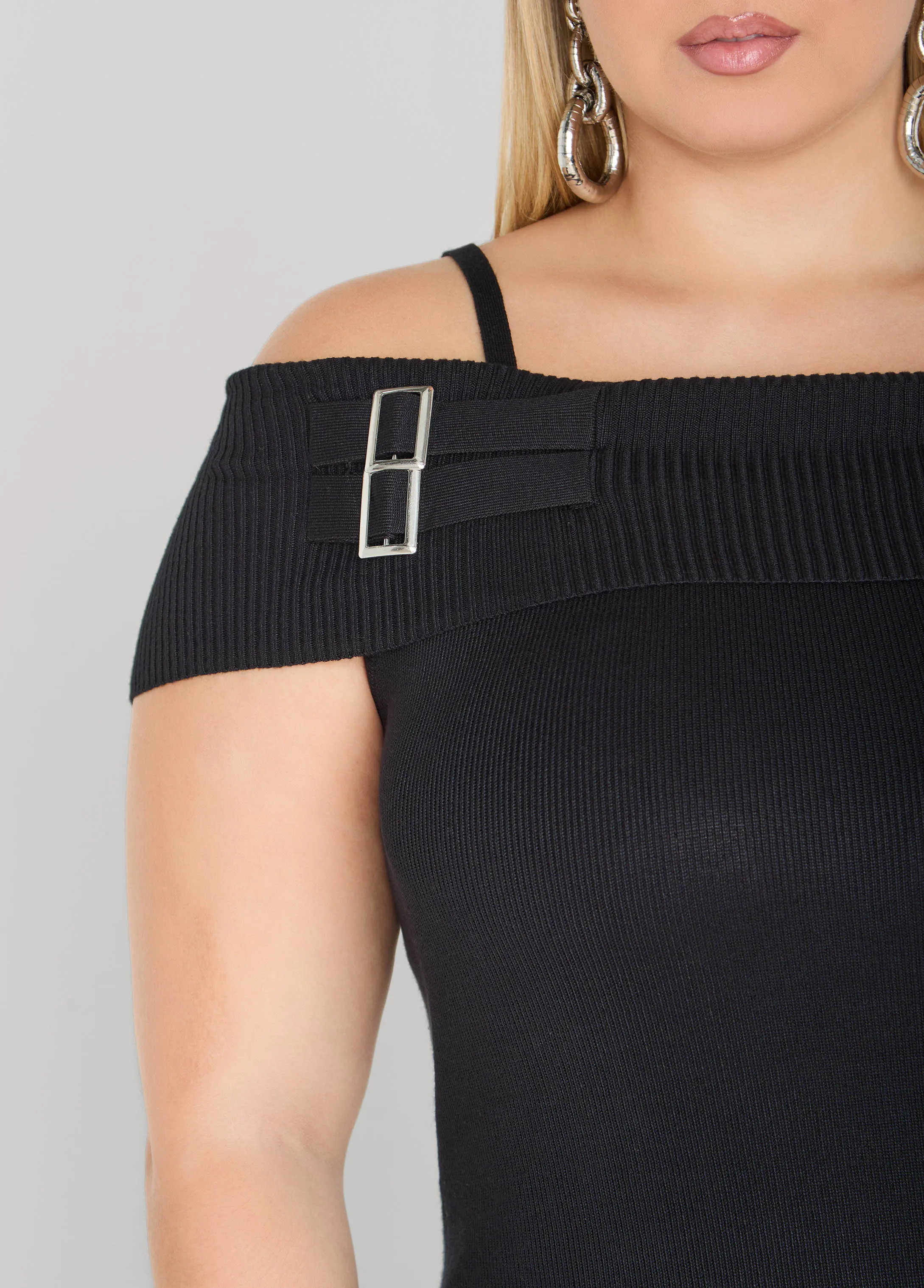 Cold Shoulder Buckle Bodycon Dress sold by Ashley Stewart product image thumbnail 4