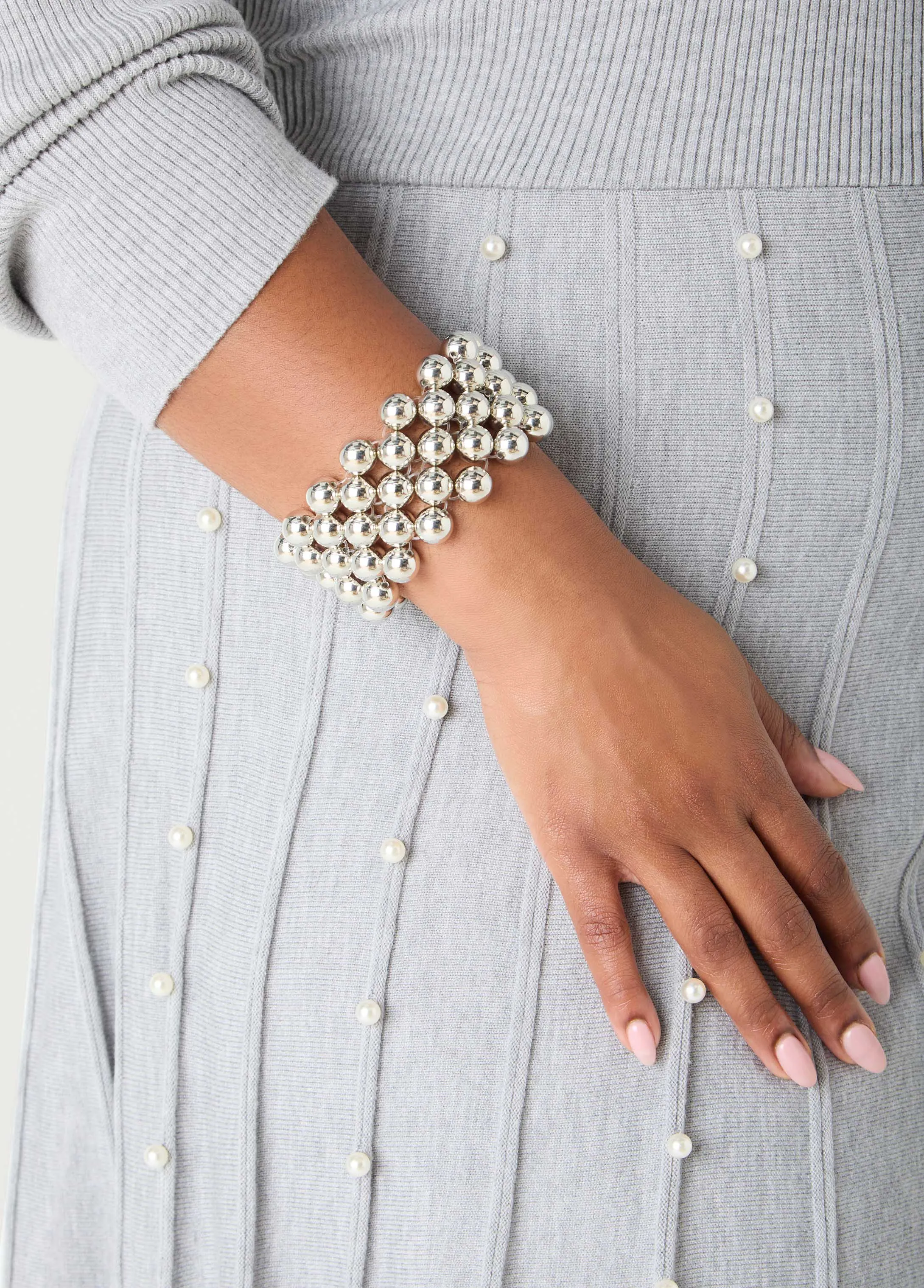 Silver Tone Bead Stretch Bracelet sold by Ashley Stewart product image thumbnail 2