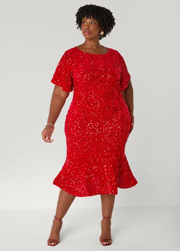 Sequin Velvet Flounced Dress sold by Ashley Stewart