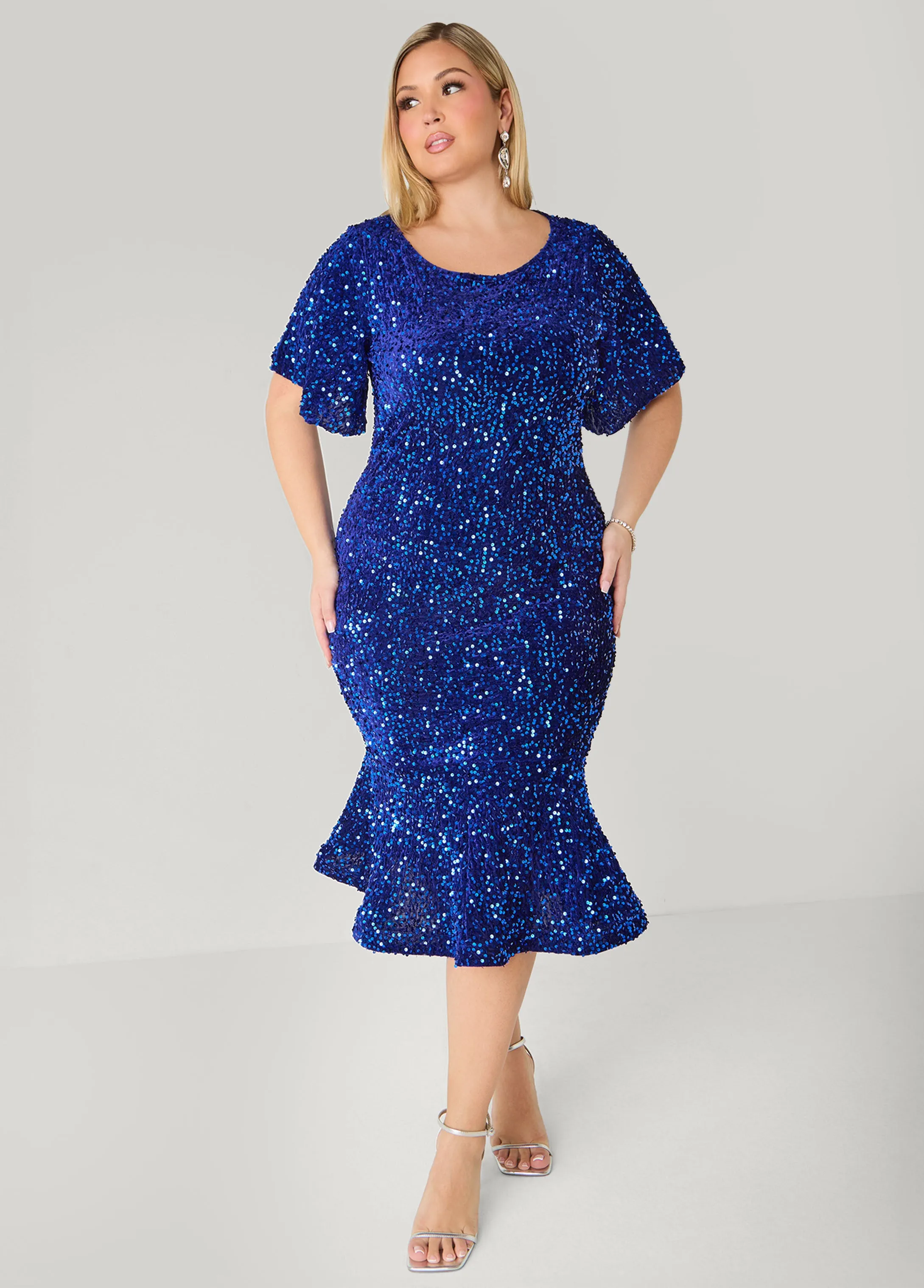 Flounced Sequin Velvet Dress sold by Ashley Stewart