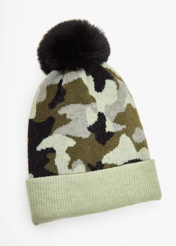 Camo Faux Fur Pom Pom Beanie sold by Ashley Stewart