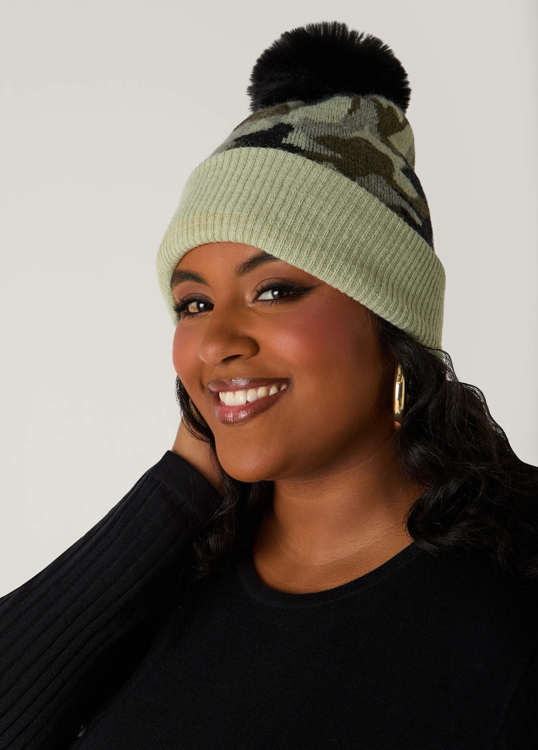 Camo Faux Fur Pom Pom Beanie sold by Ashley Stewart product image thumbnail 2