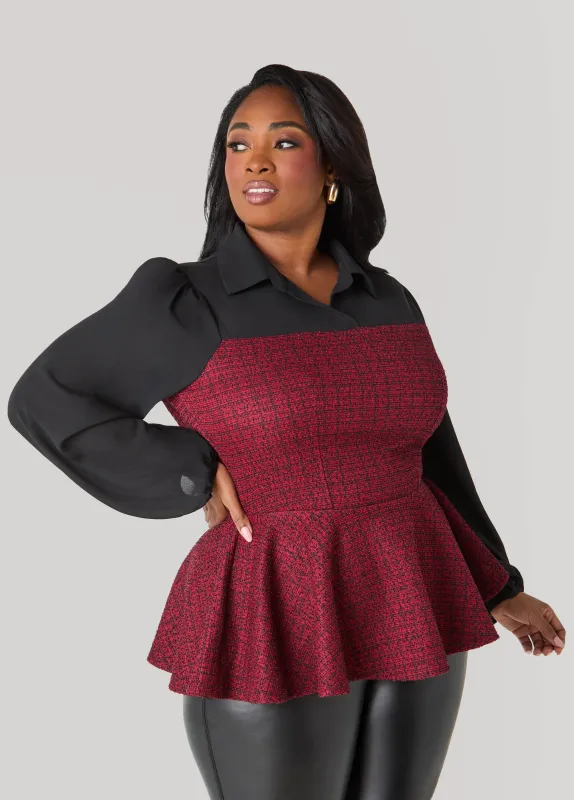 Paneled Boucle Peplum Top sold by Ashley Stewart