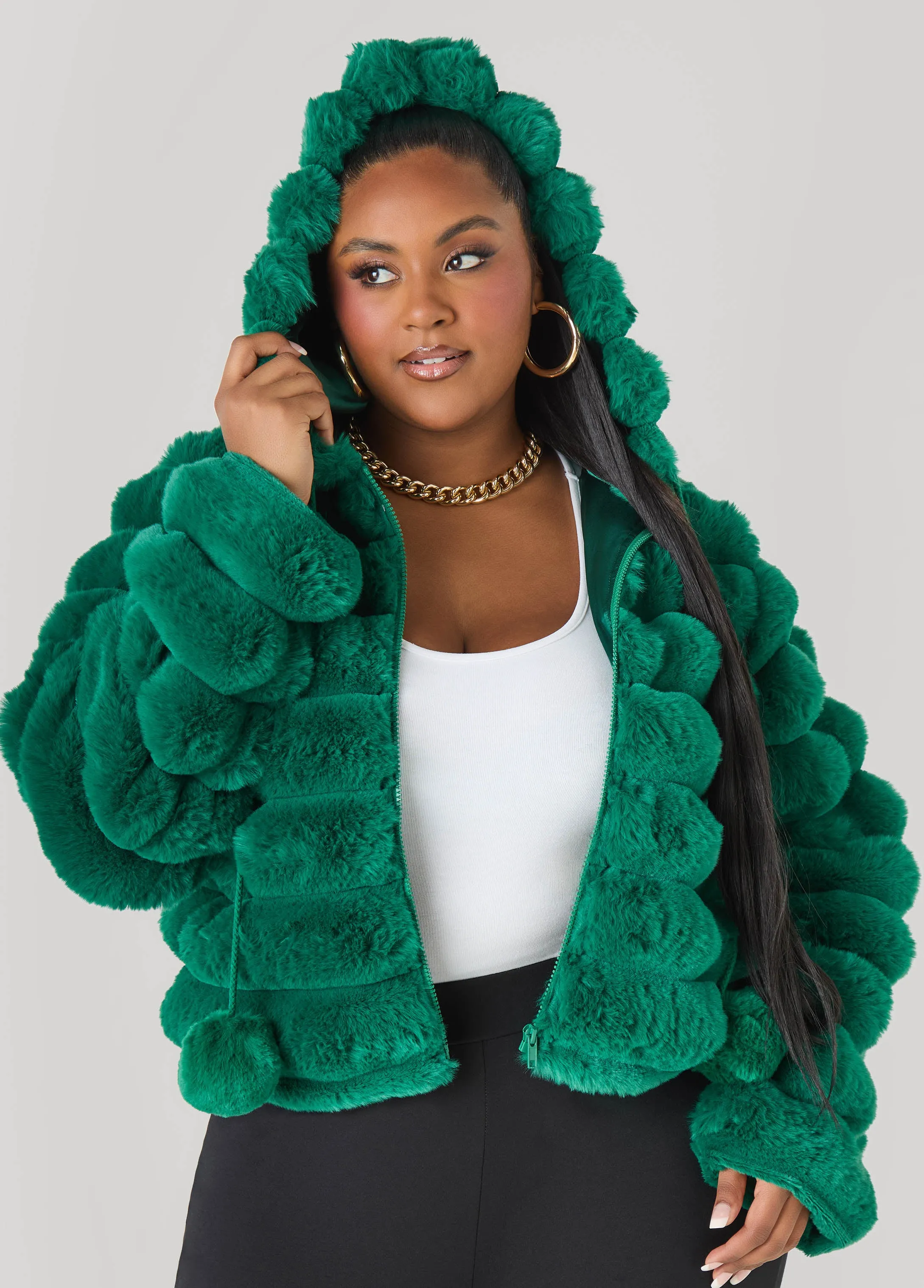 Pom Pom Faux Fur Jacket sold by Ashley Stewart product image thumbnail 4