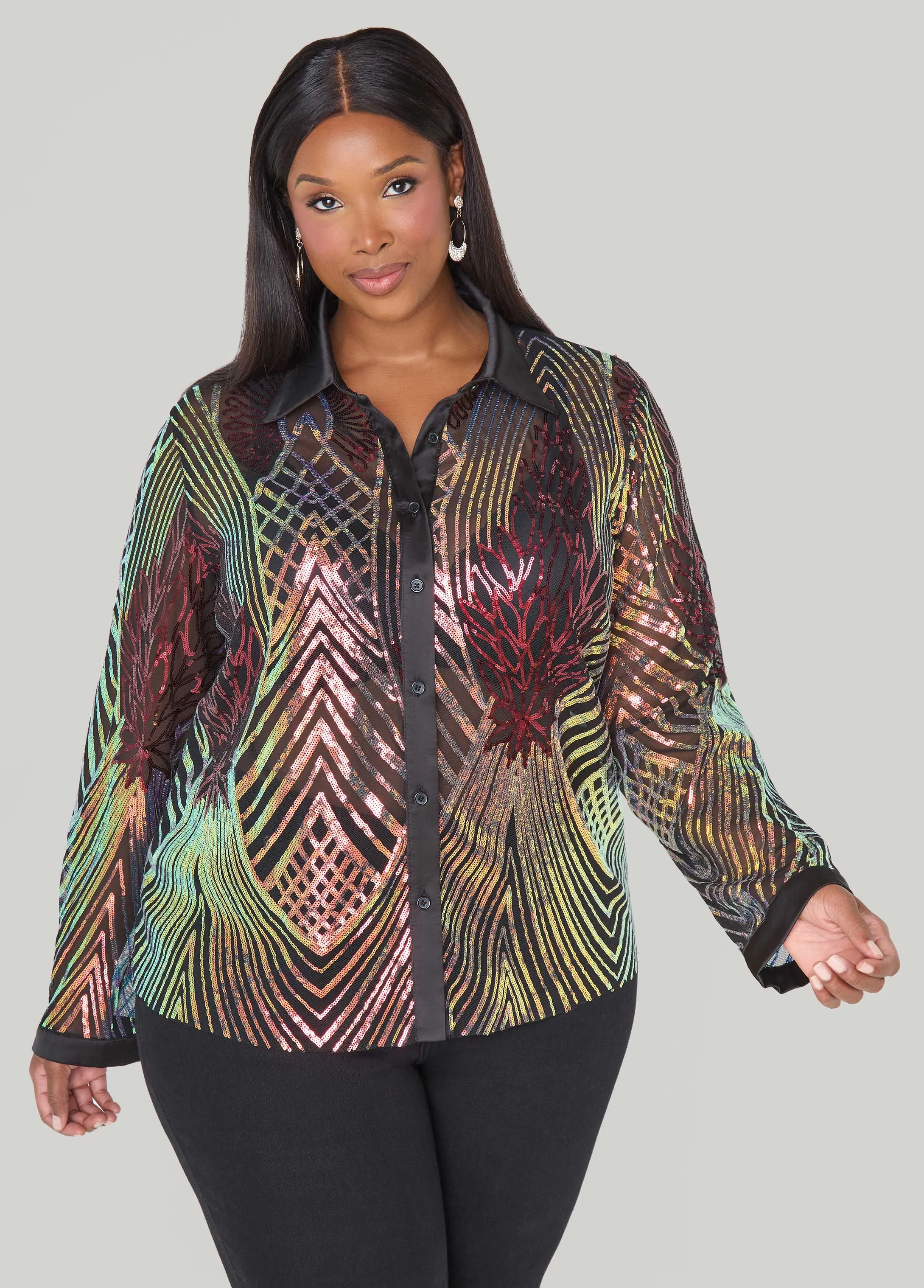 Iridescent Sequined Mesh Shirt sold by Ashley Stewart