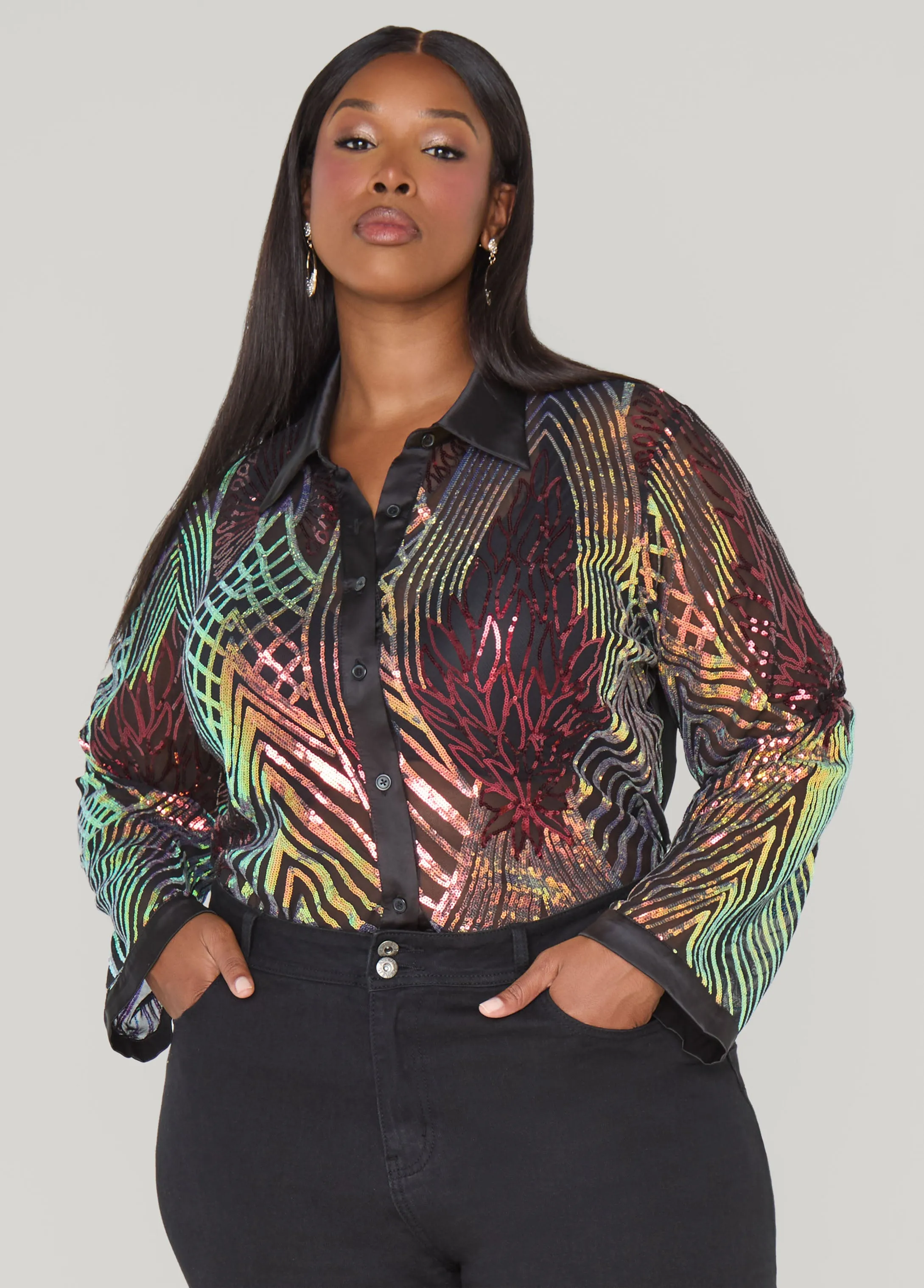 Iridescent Sequined Mesh Shirt sold by Ashley Stewart product image thumbnail 3