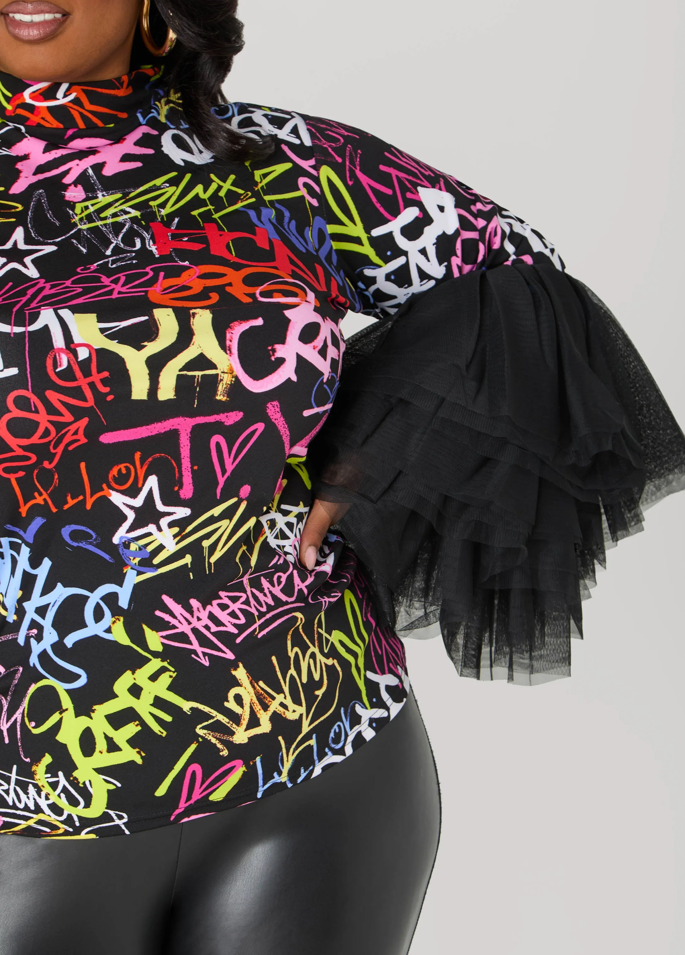 Graffiti Print Tiered Tulle Top sold by Ashley Stewart product image thumbnail 5