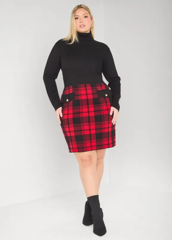 Plaid Panel Bodycon Sweater Dress sold by Ashley Stewart