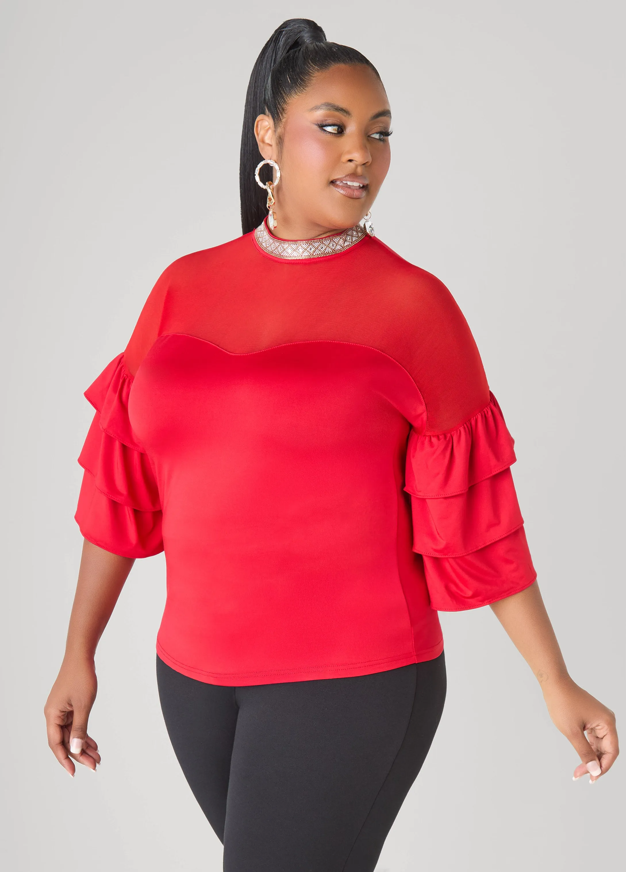 Crystal Collar Mesh Paneled Top sold by Ashley Stewart product image thumbnail 2