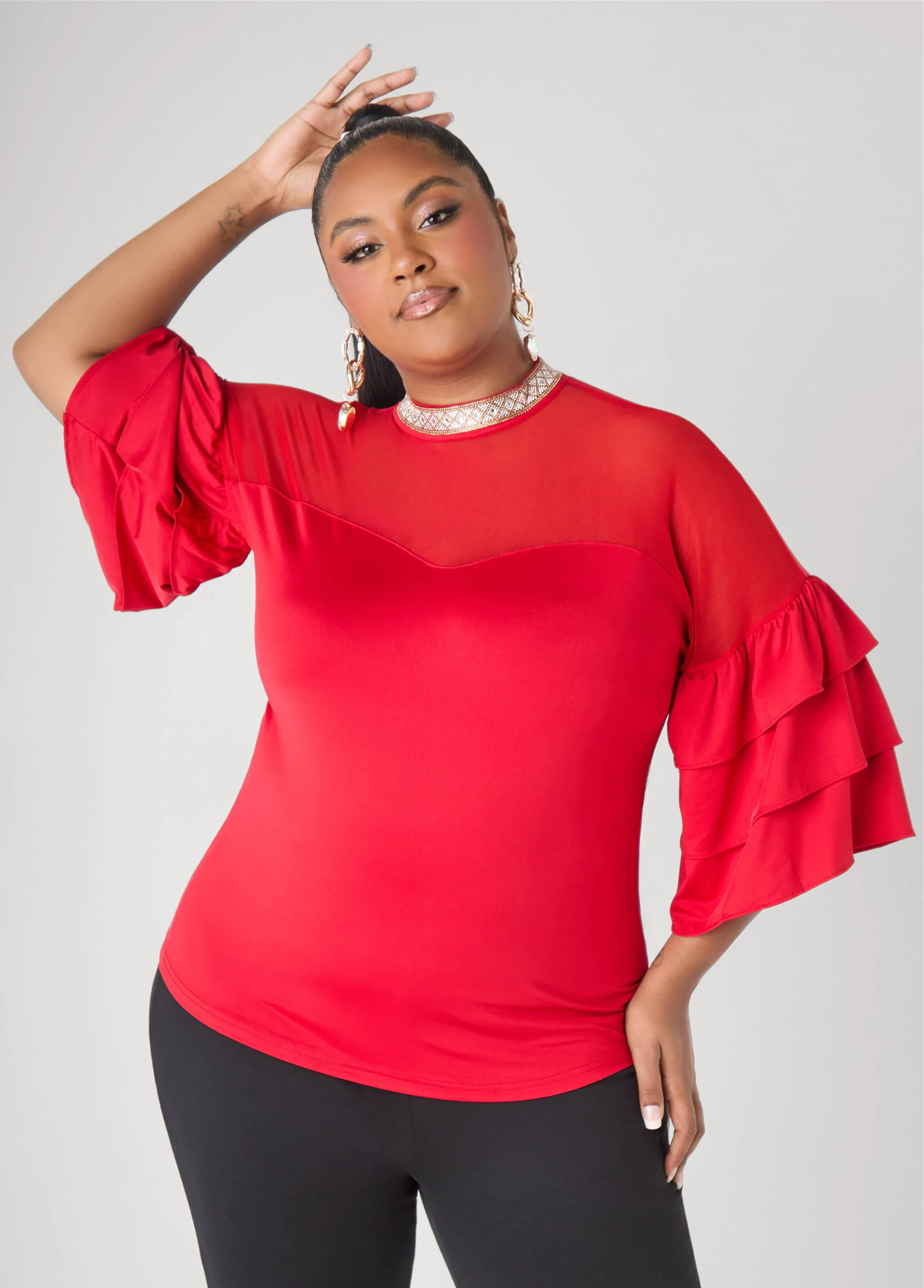 Crystal Collar Mesh Paneled Top sold by Ashley Stewart