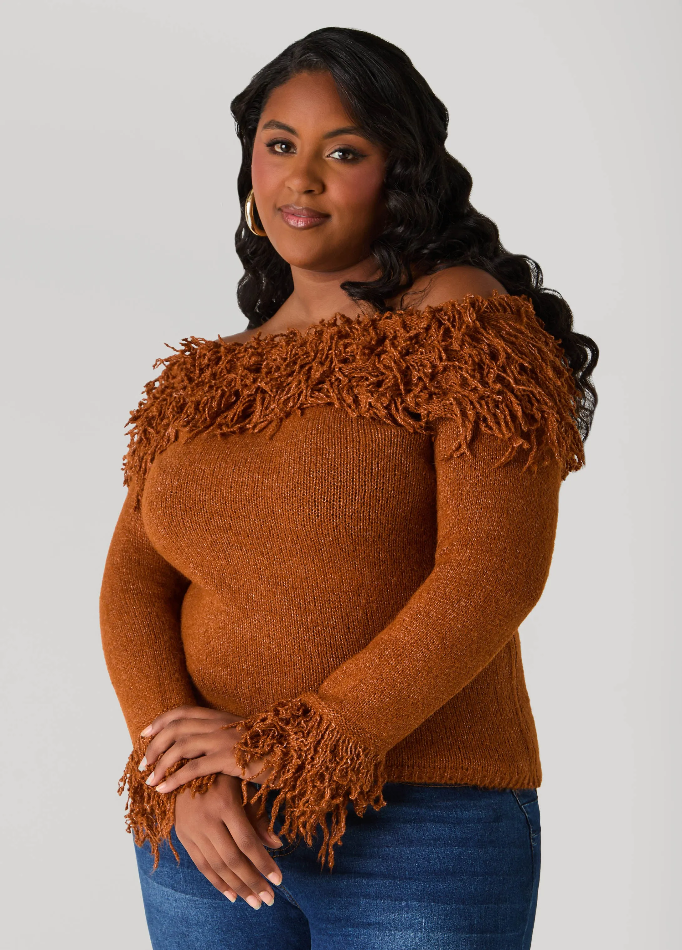 Fringed Off The Shoulder Sweater sold by Ashley Stewart product image thumbnail 3
