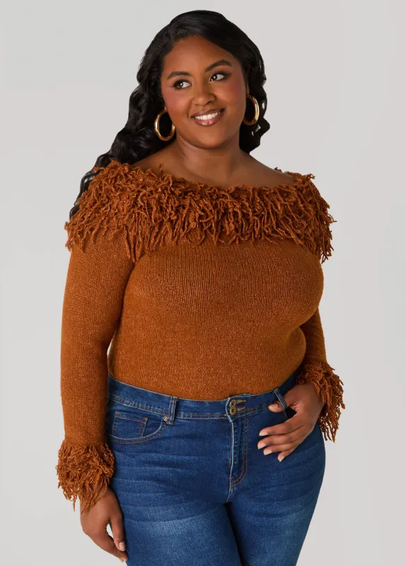 Fringed Off The Shoulder Sweater sold by Ashley Stewart