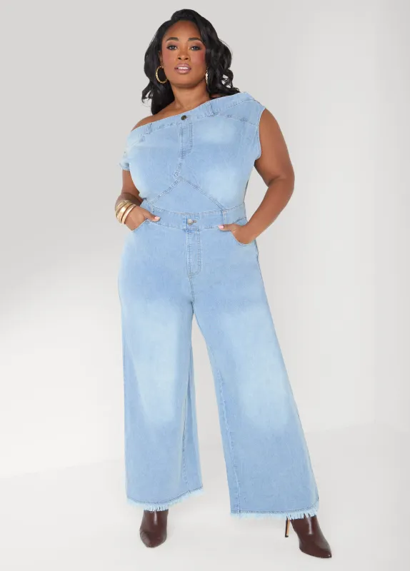 Off The Shoulder Denim Jumpsuit sold by Ashley Stewart