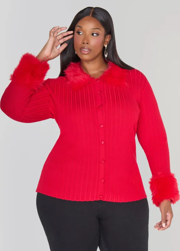 Faux Fur Trimmed Ribbed Cardigan sold by Ashley Stewart