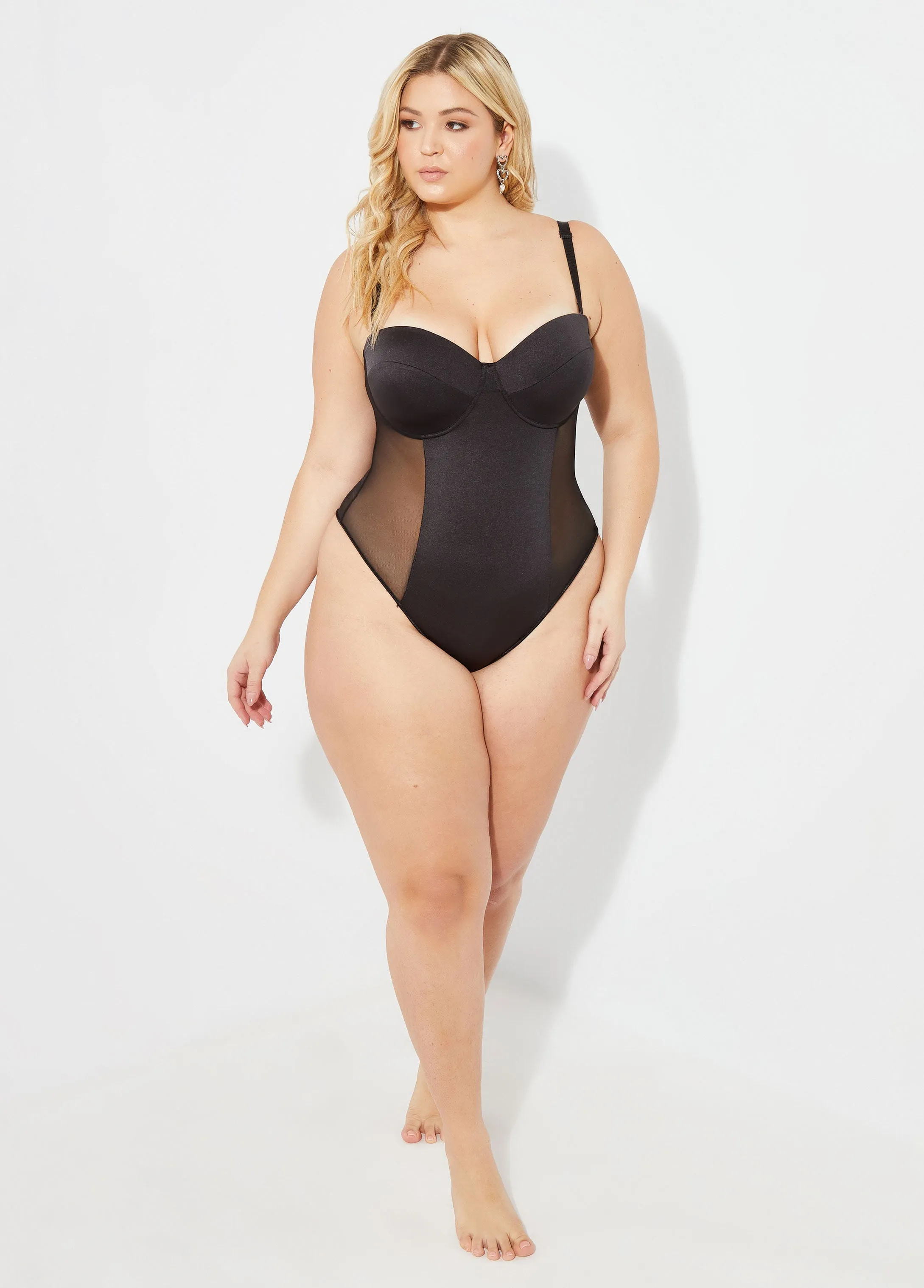 Mesh Paneled Convertible Bodysuit sold by Ashley Stewart