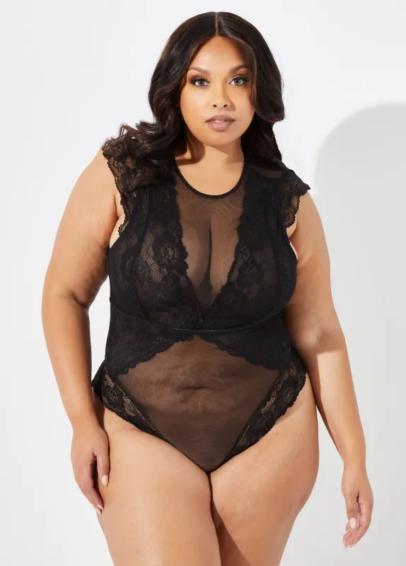 Open Back Lace And Mesh Bodysuit sold by Ashley Stewart
