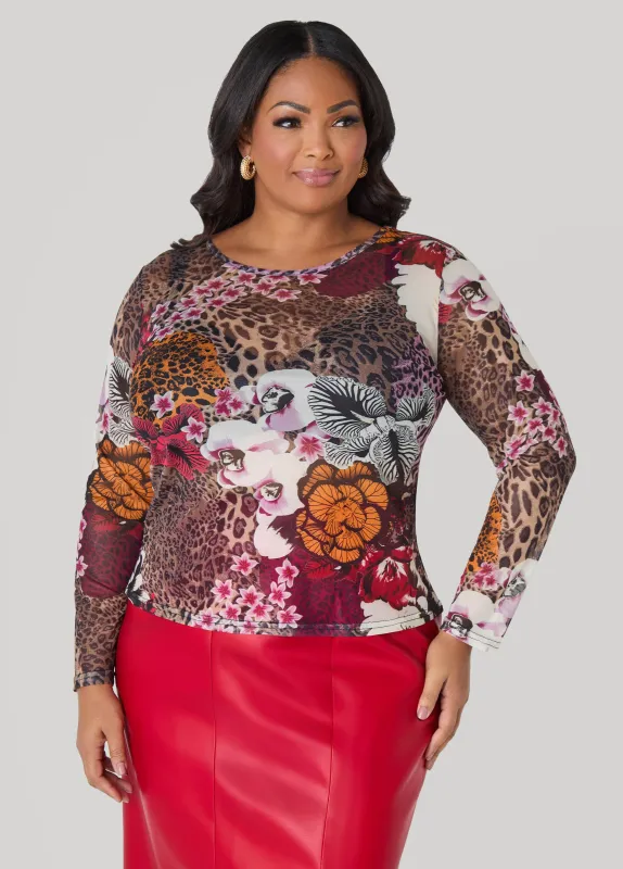 Printed Stretch Mesh Top sold by Ashley Stewart