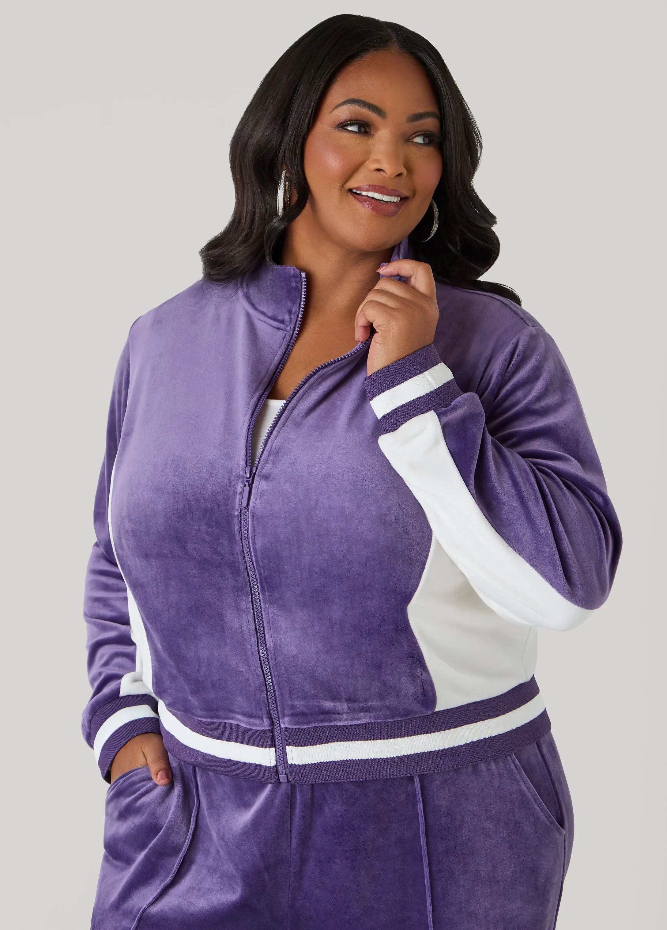 Two Tone Velour Track Jacket sold by Ashley Stewart