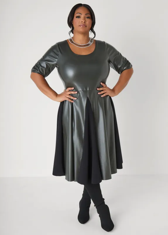 Paneled Faux Leather A Line Dress sold by Ashley Stewart