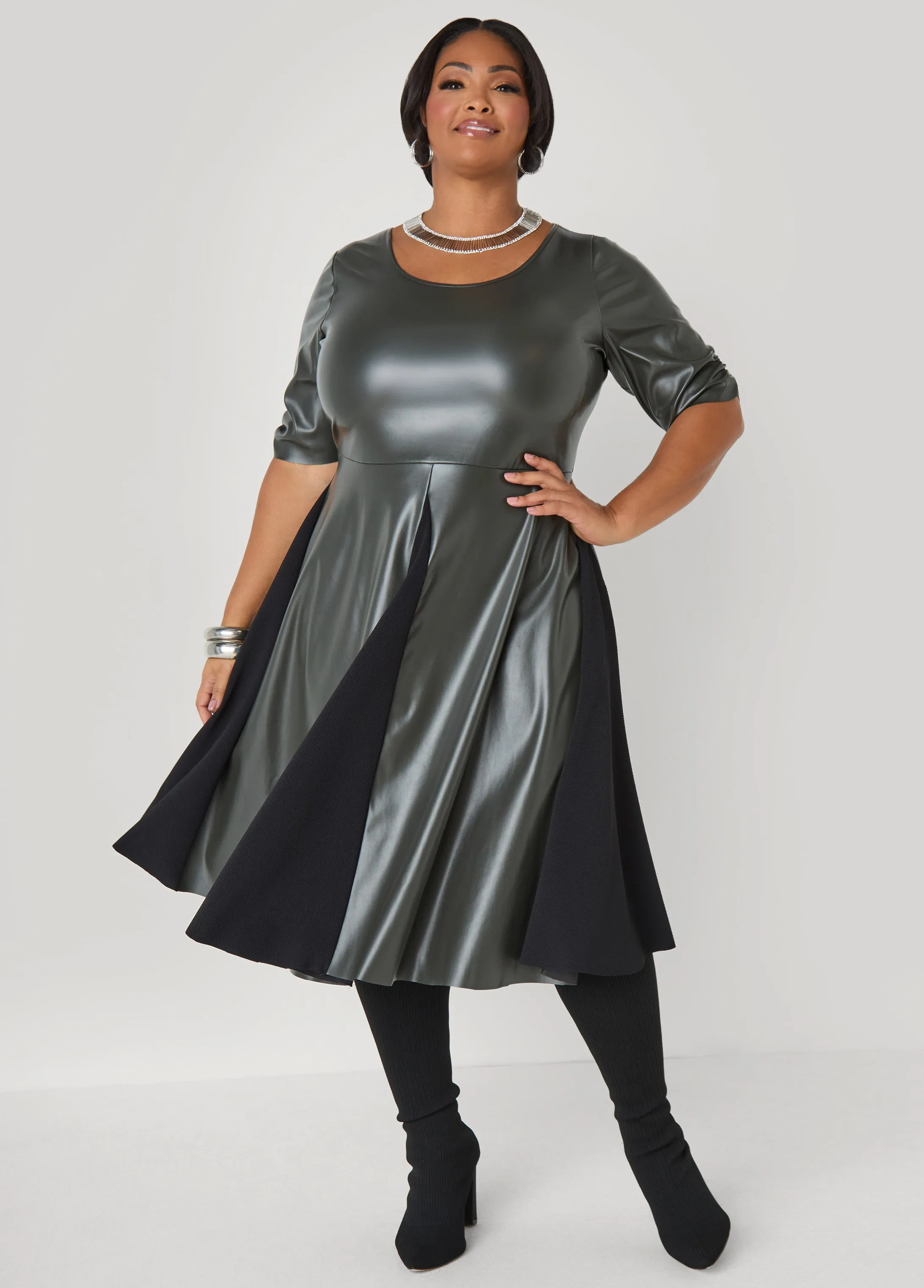 Paneled Faux Leather A Line Dress sold by Ashley Stewart product image thumbnail 3