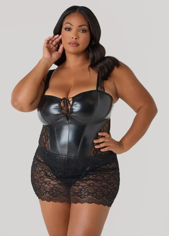 Faux Leather And Lace Bodysuit sold by Ashley Stewart