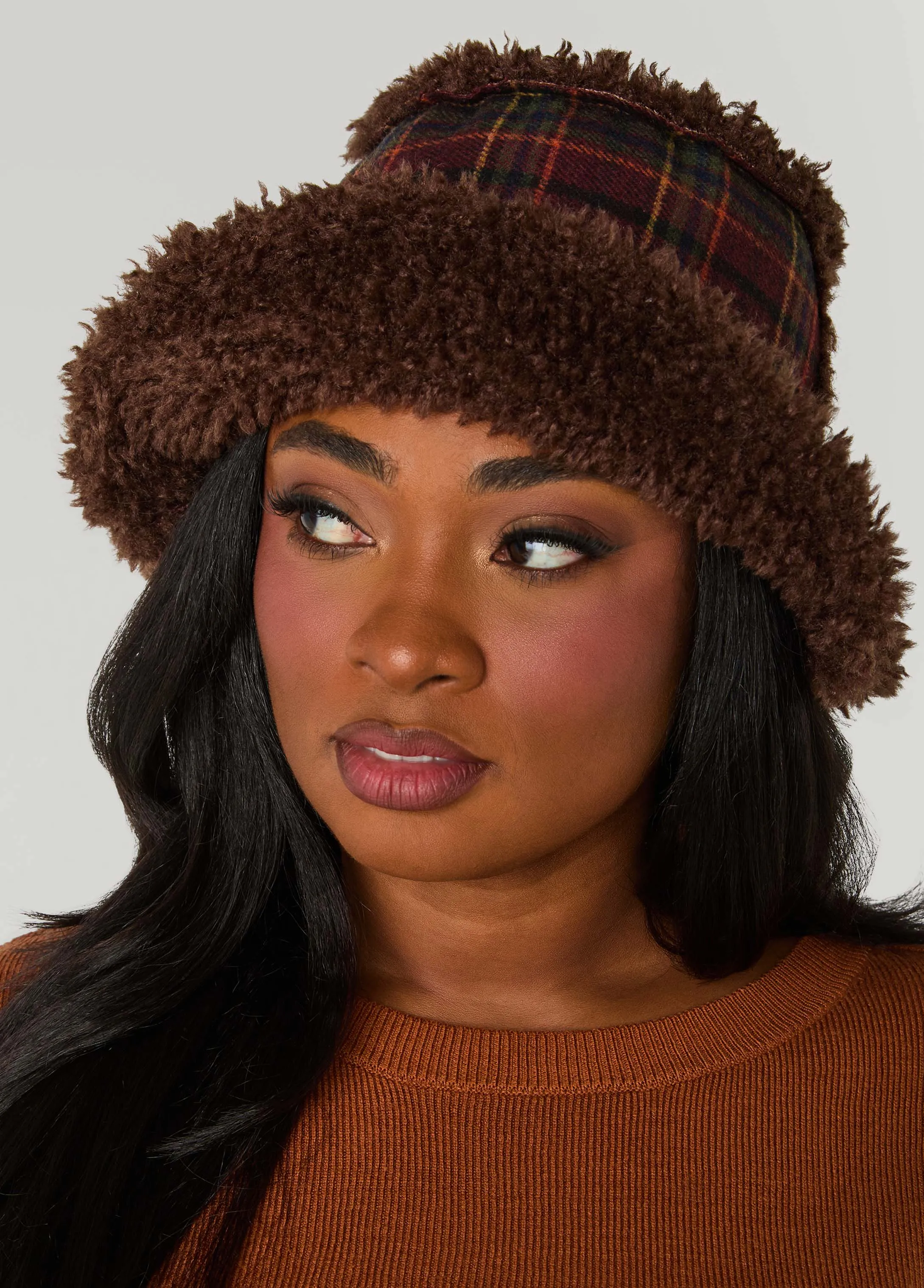 Faux Fur Trimmed Plaid Bucket Hat sold by Ashley Stewart product image thumbnail 3