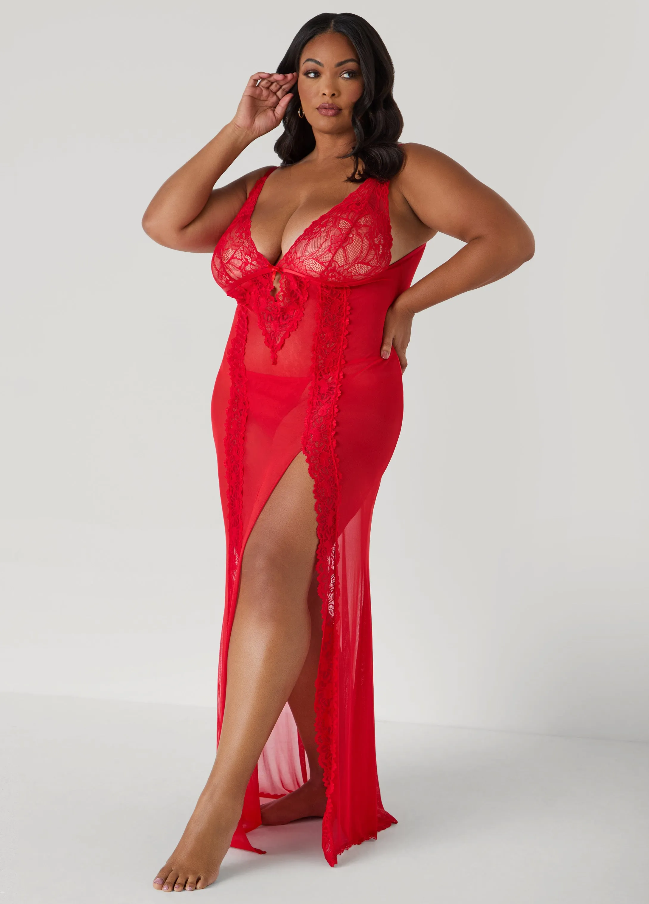 Lace And Mesh Lingerie Gown Set sold by Ashley Stewart product image thumbnail 3