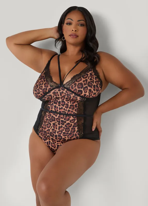 Leopard Panel Crotchless Bodysuit sold by Ashley Stewart