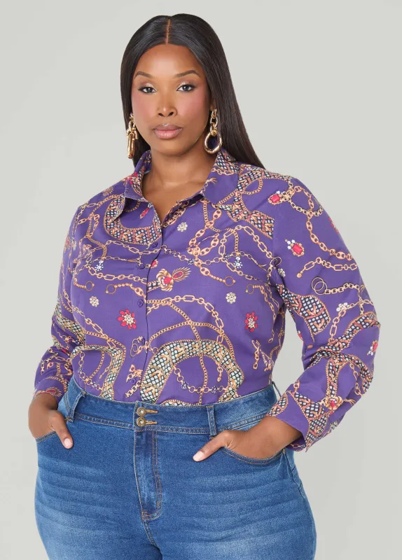 Chain Print Cotton Blend Shirt sold by Ashley Stewart